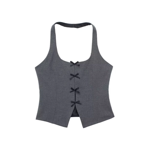 Grey halter vest top with four black bow details and tailored suit fabric for women