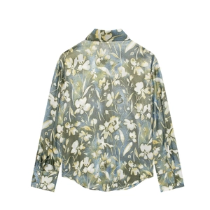 Chemise en satin vert vintage pour femme avec motif floral et manches longues pour printemps