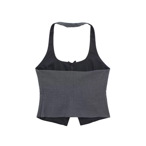 Women's dark gray halter vest with backless design and stylish split hem detail
