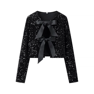 Women's black sequin cardigan featuring oversized satin bow ties and a round neck design