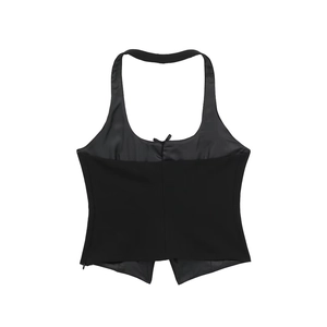 Women's black halter neck corset top with a bow accent and a v-shaped hemline design