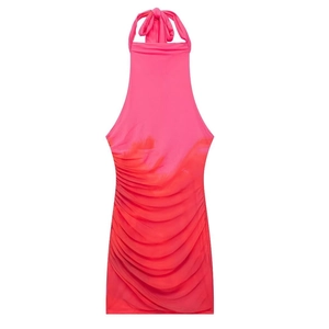 Sexy Ombre Mesh Ruched Halter Neck Mini Dress For Women Pink Red Gradient Bodycon Sleeveless Party Clubwear Backless Summer Dress