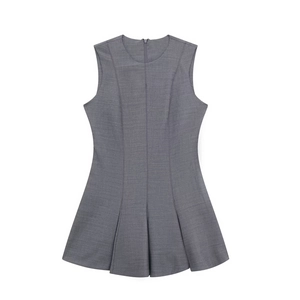 Women Elegant Sleeveless Pleated Skater Mini Dress Round Neck Back Zipper High Waist Solid Gray Fashion Short Dress