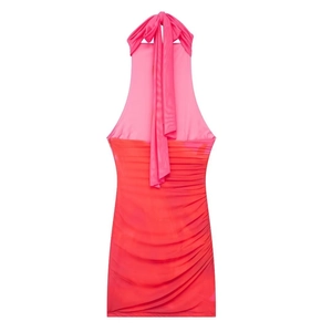 Pink and coral two-tone halter neck dress with stylish side ruching and ribbon tie