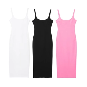 Women Summer Sexy Slim Fit Midi Sling Dress Solid Color U-Neck Bodycon Backless Zipper Slit Sleeveless Polyester Party Dress
