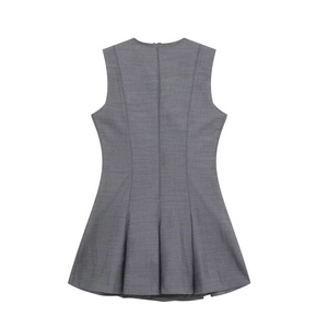 Gray sleeveless skater dress with a fitted waist, pleated skirt, and back zipper closure