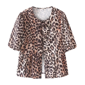 Women's summer leopard print top with puff sleeves and decorative front bows