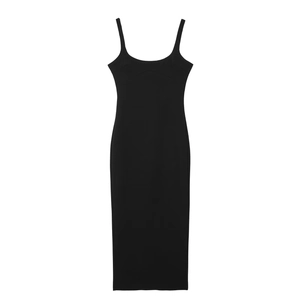 Elegant slim fit black midi dress with scoop neck and thin shoulder straps for summer