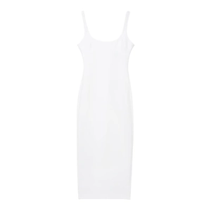 Minimalist white bodycon midi dress with thin straps for a summer slim fit look