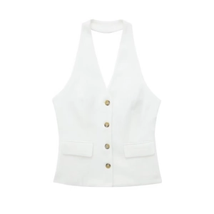 White halter neck waistcoat with deep V-neck and decorative tortoise shell buttons