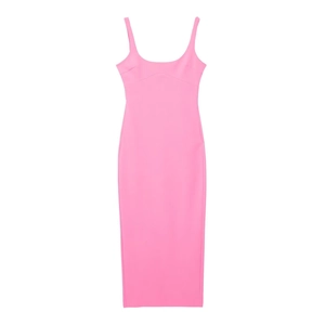 Summer bright pink slim fit midi dress with round neck and structured silhouette