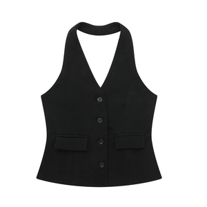 Women's chic black backless halter vest with deep V-neck and four buttons for elegant outfit
