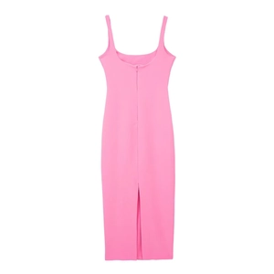 Detail view of pink bodycon midi dress featuring spaghetti straps and a back zipper closure