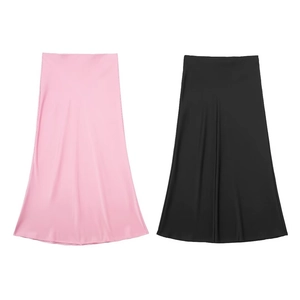 Women Elegant High Waist Satin Midi Skirt Casual Solid Color A-Line Draped Pleated Bottoms For Wedding Office Daily Wear