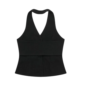 Close-up of a black backless halter vest featuring a V-neckline and waist detail