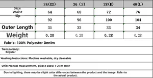 Detailed size chart for high waist ripped denim shorts with measurements in centimeters
