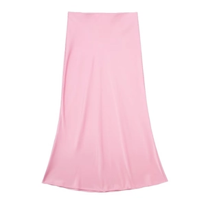 Elegant pale pink A-line satin midi skirt with a smooth silky finish on white background