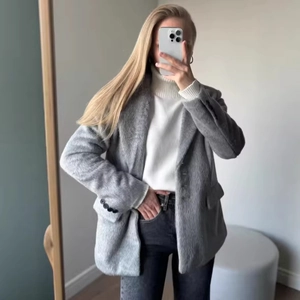 Women's light grey long-haired wool blazer jacket with minimalist notched lapel design