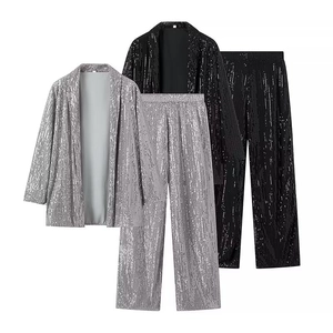 Damen Pailletten Blazer Und Weite Hose Anzug Funkelnde Glitter Outfits Für Party Hochzeit Bankett Elegante Langarm Jacke Hose