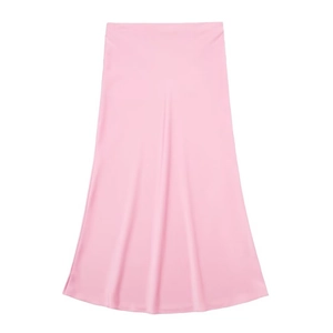 Elegant pink satin midi skirt with high-quality pearlescent finish and smooth A-line drape