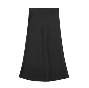 Detail view showing smooth satin texture and elegant drape of black midi A-line skirt