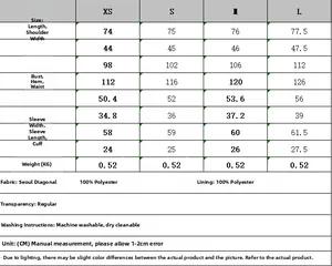 Detailed size chart for women blazer with measurements in cm for XS to L sizes