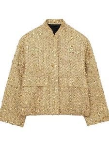 Kurze champagner-goldene Pailletten-Tweedjacke mit Stehkragen und Taschen