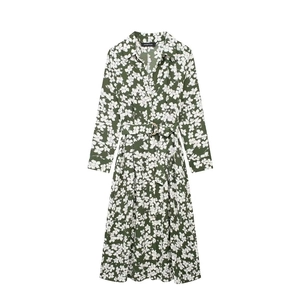Women Elegant Floral Print Long Sleeve Shirt Midi Dress With Belt Dark Green Vintage Button Down A-Line Chiffon Dress