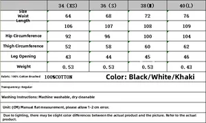 Detailed size chart for women's straight cargo pants with cotton fabric measurements