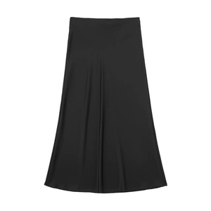 Elegant black satin midi skirt featuring a silky glossy finish and minimalist flowy drape