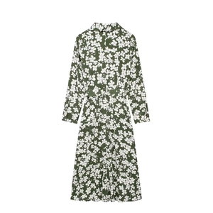 Short-sleeve floral print shirt dress in dark green with waist belt and white flower pattern