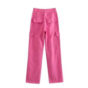 Detail view of pink straight-leg cargo pants featuring back flap pockets and belt loops