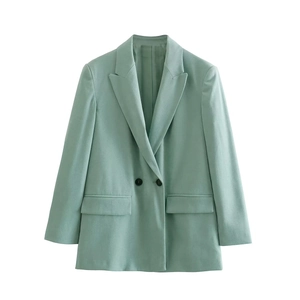 Elegant mint green women blazer with double-breasted black buttons and flap pockets