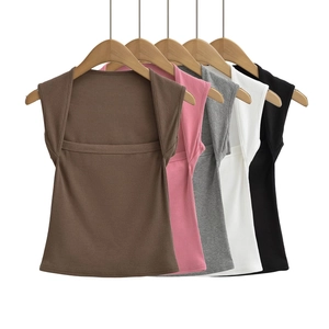 Canotta da Donna Aderente Scollo Quadrato Maglia a Costine Look a Strati Alta Elasticità Estate Casual Crop Top Streetwear