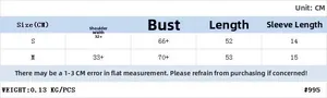 Size chart with measurements in CM for women short sleeve square neck t-shirt