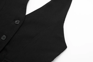 Detailed close-up of a black V-neck vest featuring textured fabric and matte resin buttons