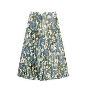 Jupe trapèze plissée élégante bleue à fleurs jaunes avec une texture en mousseline