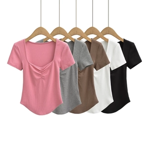 Women Sexy Ruched Square Neck Short Sleeve T-Shirt Slim Fit Ribbed Knit Cropped Summer Top Solid Color Streetwear