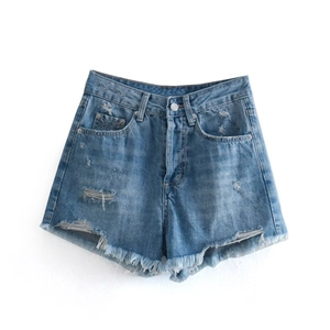 Women's high waist denim shorts in light blue with distressed ripped details and raw hem