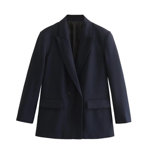 Detailed view of the classic notched lapel and front flap pocket on a navy blazer