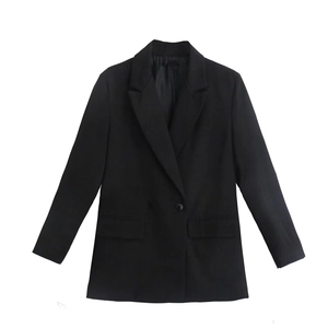 Detail of elegant black double-breasted blazer with notch lapels and flap pockets