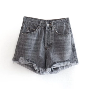 Women's high waist distressed denim shorts with frayed hems in washed black grey color