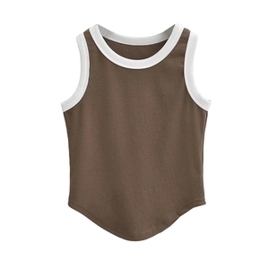 Women's brown and white contrast ribbed tank top with curved hem and slim fit