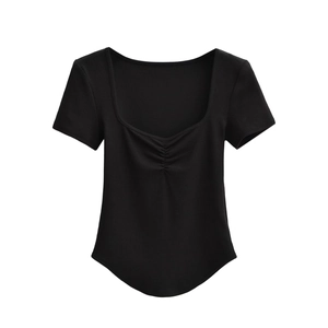 Slim fit black ribbed knit t-shirt with ruched square neck and curved hem for women