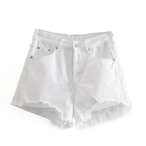 White high-waisted denim shorts with frayed raw hem and classic five-pocket design