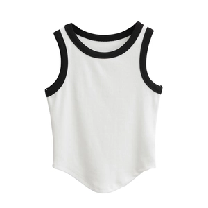 Women's ribbed knit tank top with black contrast trim and stylish curved hemline