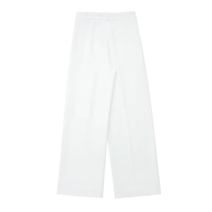 Detail of high-waist white wide-leg trousers featuring front pleats and back welt pocket