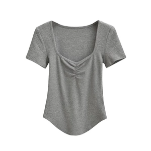 Deep grey slim-fit ribbed t-shirt with a square neckline and ruched chest detail