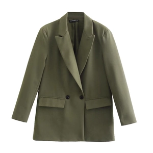 Close-up of olive green blazer featuring classic notched lapels and double buttons