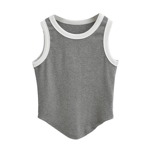 Slim fit grey ribbed tank top with white contrast trim and unique curved pointed hem